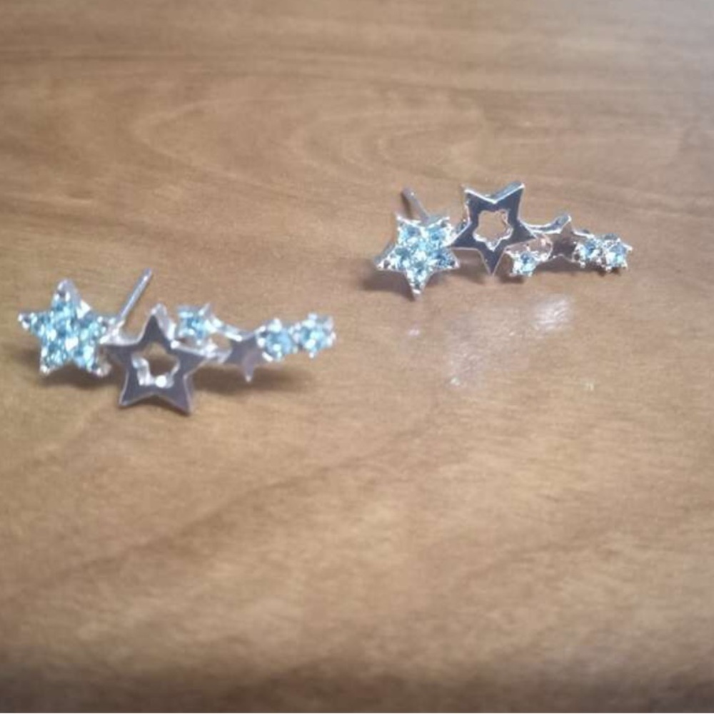 Silver Star shaped, Rhinestone Starburst Boho Celestial Earrings - Picture 6 of 7